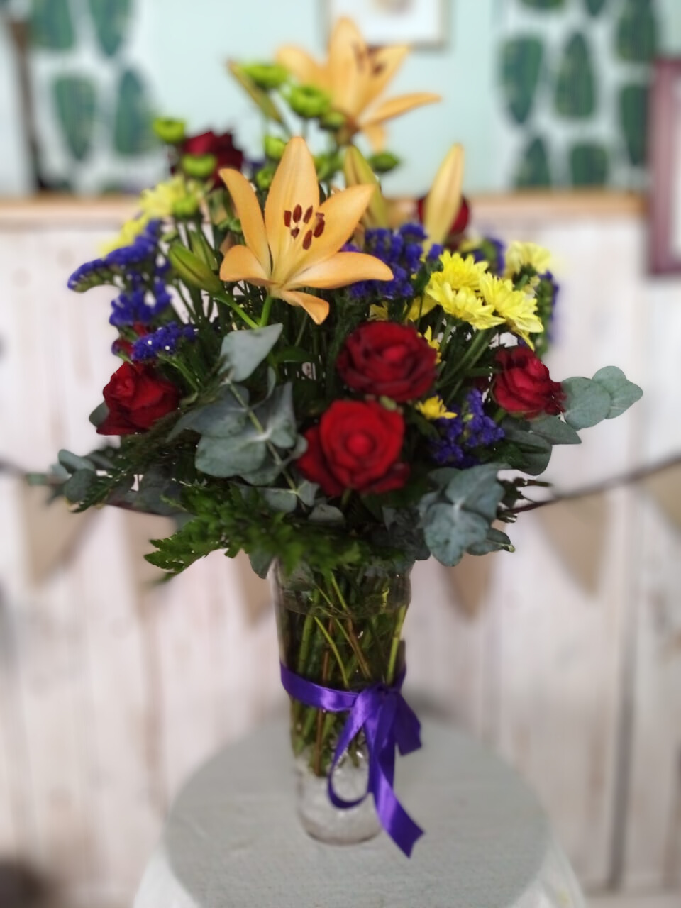 Roses & Lilies in Glass Vase